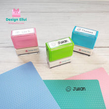 Load image into Gallery viewer, quick dry stamp, quick-dry stamp, custom quick dry stamp, personalized quick dry stamp, custom stamp, custom name stamp, personalized stamp, personalized name stamp, pre-inked stamp, self-inking stamp, flash stamp, , school stamp, daycare stamp, camp stamp, name stamp, refill ink, non-porous surfaces, glossy surfaces,