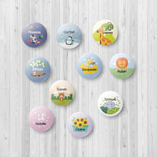Load image into Gallery viewer, custom name button, custom name badge, personalized name button, personalized name badge, pin-back, button badge, pin-back badge, name label, name tag, school badge, kids badge, daycare badge, camp badge, school button, camp button, daycare button, kids button, kids gift, birthday gift, friends gift, bag badge, name tag, tag badge, tag button, button tag, makeup mirror, cosmetic mirror, hand mirror, portable mirror