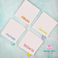 Load image into Gallery viewer, custom embroidered towel, personalized embroidered towel, custom embroidery towel, personalized embroidery towel, custom hand towel, custom face towel, personalized hand towel, personalized face towel, kids, school, kinder, daycare, camp, baby bib,