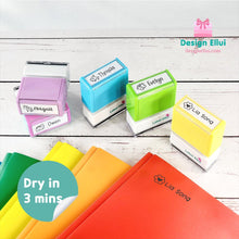 Load image into Gallery viewer, quick dry stamp, quick-dry stamp, custom quick dry stamp, personalized quick dry stamp, custom stamp, custom name stamp, personalized stamp, personalized name stamp, pre-inked stamp, self-inking stamp, flash stamp, , school stamp, daycare stamp, camp stamp, name stamp, refill ink, non-porous surfaces, glossy surfaces,