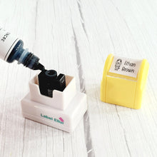 Load image into Gallery viewer, quick dry stamp, quick-dry stamp, custom quick dry stamp, personalized quick dry stamp, custom stamp, custom name stamp, personalized stamp, personalized name stamp, pre-inked stamp, self-inking stamp, flash stamp, , school stamp, daycare stamp, camp stamp, name stamp, refill ink, non-porous surfaces, glossy surfaces,