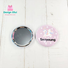 Load image into Gallery viewer, custom name button, custom name badge, personalized name button, personalized name badge, pin-back, button badge, pin-back badge, name label, name tag, school badge, kids badge, daycare badge, camp badge, school button, camp button, daycare button, kids button, kids gift, birthday gift, friends gift, bag badge, name tag, tag badge, tag button, button tag, makeup mirror, cosmetic mirror, hand mirror, portable mirror