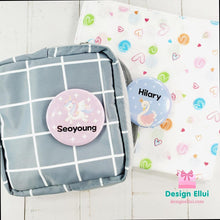 Load image into Gallery viewer, custom name button, custom name badge, personalized name button, personalized name badge, pin-back, button badge, pin-back badge, name label, name tag, school badge, kids badge, daycare badge, camp badge, school button, camp button, daycare button, kids button, kids gift, birthday gift, friends gift, bag badge, name tag, tag badge, tag button, button tag, makeup mirror, cosmetic mirror, hand mirror, portable mirror