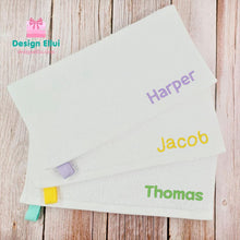 Load image into Gallery viewer, custom embroidered towel, personalized embroidered towel, custom embroidery towel, personalized embroidery towel, custom hand towel, custom face towel, personalized hand towel, personalized face towel, kids, school, kinder, daycare, camp, baby bib,