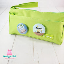 Load image into Gallery viewer, custom name button, custom name badge, personalized name button, personalized name badge, pin-back, button badge, pin-back badge, name label, name tag, school badge, kids badge, daycare badge, camp badge, school button, camp button, daycare button, kids button, kids gift, birthday gift, friends gift, bag badge, name tag, tag badge, tag button, button tag, makeup mirror, cosmetic mirror, hand mirror, portable mirror