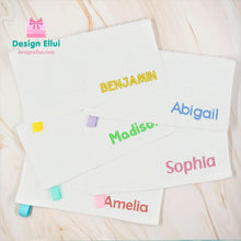 Load image into Gallery viewer, custom embroidered towel, personalized embroidered towel, custom embroidery towel, personalized embroidery towel, custom hand towel, custom face towel, personalized hand towel, personalized face towel, kids, school, kinder, daycare, camp, baby bib,