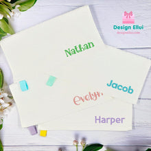 Load image into Gallery viewer, custom embroidered towel, personalized embroidered towel, custom embroidery towel, personalized embroidery towel, custom hand towel, custom face towel, personalized hand towel, personalized face towel, kids, school, kinder, daycare, camp, baby bib,