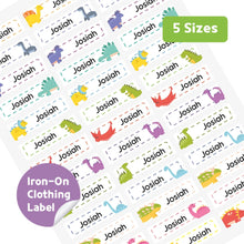Load image into Gallery viewer, Iron-On Clothing Name Label Stickers - Dino with Dash Line