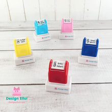 Load image into Gallery viewer, quick dry stamp, quick-dry stamp, custom quick dry stamp, personalized quick dry stamp, custom stamp, custom name stamp, personalized stamp, personalized name stamp, pre-inked stamp, self-inking stamp, flash stamp, , school stamp, daycare stamp, camp stamp, name stamp, refill ink, non-porous surfaces, glossy surfaces,