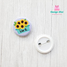 Load image into Gallery viewer, custom name button, custom name badge, personalized name button, personalized name badge, pin-back, button badge, pin-back badge, name label, name tag, school badge, kids badge, daycare badge, camp badge, school button, camp button, daycare button, kids button, kids gift, birthday gift, friends gift, bag badge, name tag, tag badge, tag button, button tag, makeup mirror, cosmetic mirror, hand mirror, portable mirror