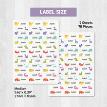 Load image into Gallery viewer, Iron-On Clothing Name Label Stickers - Dino with Dash Line