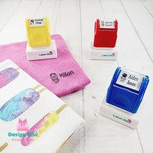 Load image into Gallery viewer, custom clothing stamp, custom name stamp, personalized clothing stamp, personalized name stamp, clothing name stamp, name clothing stamp, pre-inked stamp, self-inking stamp, flash stamp, textile stamp, fabric stamp, clothes stamp, diaper stamp, school stamp, daycare stamp, camp stamp, name stamp, refill ink
