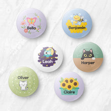 Load image into Gallery viewer, custom name button, custom name badge, personalized name button, personalized name badge, pin-back, button badge, pin-back badge, name label, name tag, school badge, kids badge, daycare badge, camp badge, school button, camp button, daycare button, kids button, kids gift, birthday gift, friends gift, bag badge, name tag, tag badge, tag button, button tag, makeup mirror, cosmetic mirror, hand mirror, portable mirror
