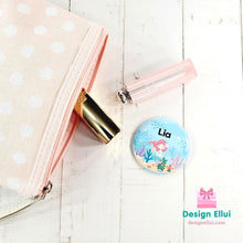 Load image into Gallery viewer, custom name button, custom name badge, personalized name button, personalized name badge, pin-back, button badge, pin-back badge, name label, name tag, school badge, kids badge, daycare badge, camp badge, school button, camp button, daycare button, kids button, kids gift, birthday gift, friends gift, bag badge, name tag, tag badge, tag button, button tag, makeup mirror, cosmetic mirror, hand mirror, portable mirror
