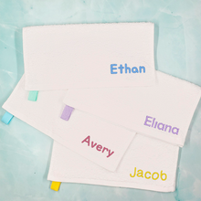 Load image into Gallery viewer, Embroidered Cotton Towel, Custom Personalized Name Embroidery Hand Towel, Face Towel, Washcloth, Baby Bib, handkerchief,  Gift for Kids, Gift for Baby, School, Daycare, Camp
