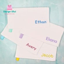 Load image into Gallery viewer, custom embroidered towel, personalized embroidered towel, custom embroidery towel, personalized embroidery towel, custom hand towel, custom face towel, personalized hand towel, personalized face towel, kids, school, kinder, daycare, camp, baby bib,
