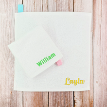 Load image into Gallery viewer, Embroidered Cotton Towel, Custom Personalized Name Embroidery Hand Towel, Face Towel, Washcloth, Baby Bib, handkerchief,  Gift for Kids, Gift for Baby, School, Daycare, Camp

