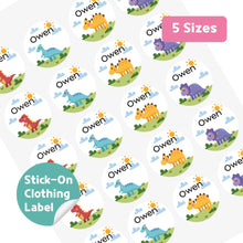 Load image into Gallery viewer, Stick-On Clothing Name Label Stickers - Dino with Forest
