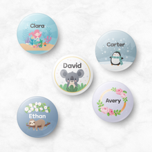Load image into Gallery viewer, Custom Personalized Name Button Badge Pin Back Badge, Name Label, Name Tag, School Badge, Kids Badge, Daycare Badge, Camp Badge, School Button, Camp Button, Daycare Button, Kids Button, Kids Gift
(Makeup Mirror, Cosmetic Mirror, Hand Mirror, Portable Mirror)
