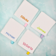Load image into Gallery viewer, Embroidered Cotton Towel, Custom Personalized Name Embroidery Hand Towel, Face Towel, Washcloth, Baby Bib, handkerchief,  Gift for Kids, Gift for Baby, School, Daycare, Camp
