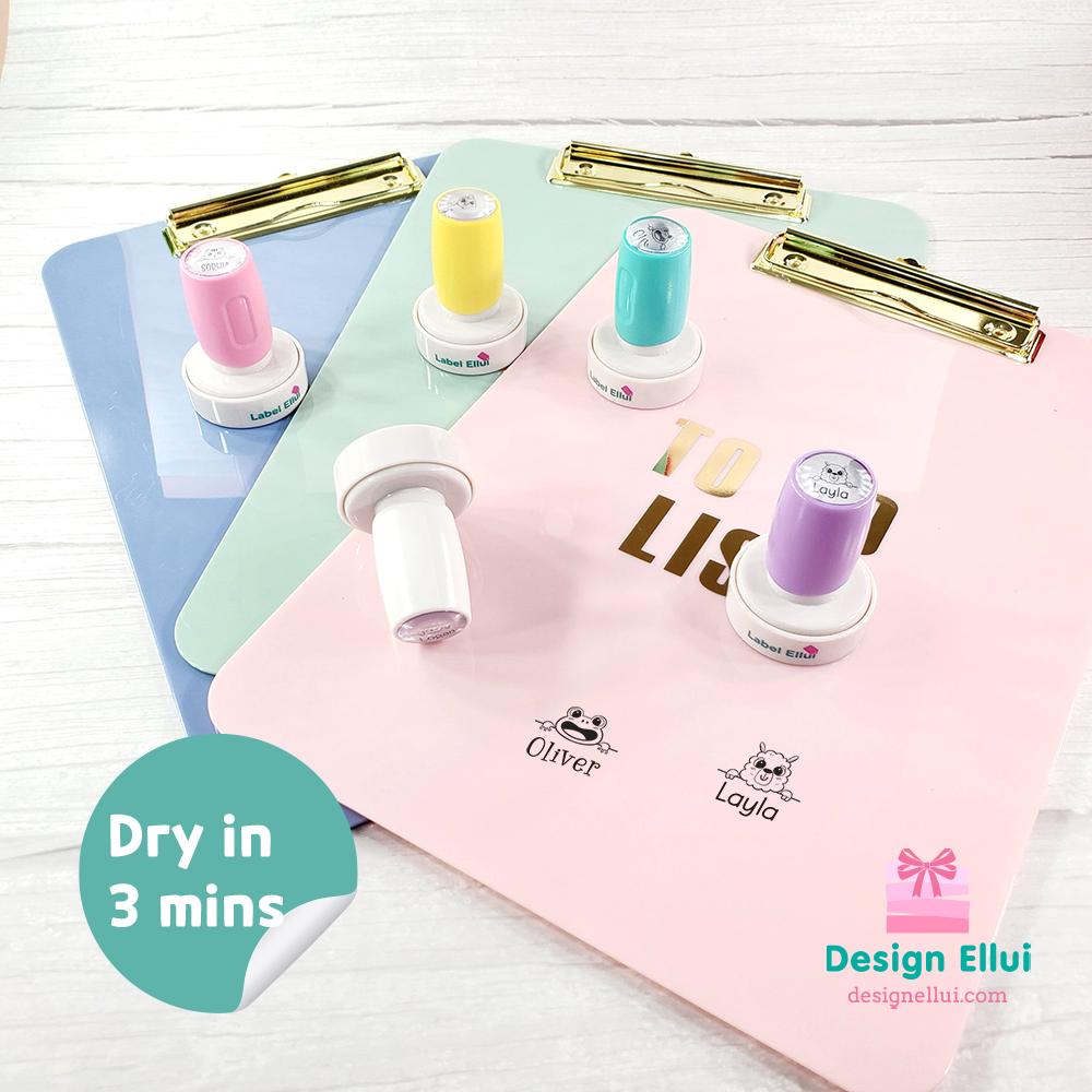 quick dry stamp, quick-dry stamp, custom quick dry stamp, personalized quick dry stamp, custom stamp, custom name stamp, personalized stamp, personalized name stamp, pre-inked stamp, self-inking stamp, flash stamp, , school stamp, daycare stamp, camp stamp, name stamp, refill ink, non-porous surfaces, glossy surfaces,