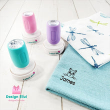 Load image into Gallery viewer, custom clothing stamp, custom name stamp, personalized clothing stamp, personalized name stamp, clothing name stamp, name clothing stamp, pre-inked stamp, self-inking stamp, flash stamp, textile stamp, fabric stamp, clothes stamp, diaper stamp, school stamp, daycare stamp, camp stamp, name stamp, refill ink

