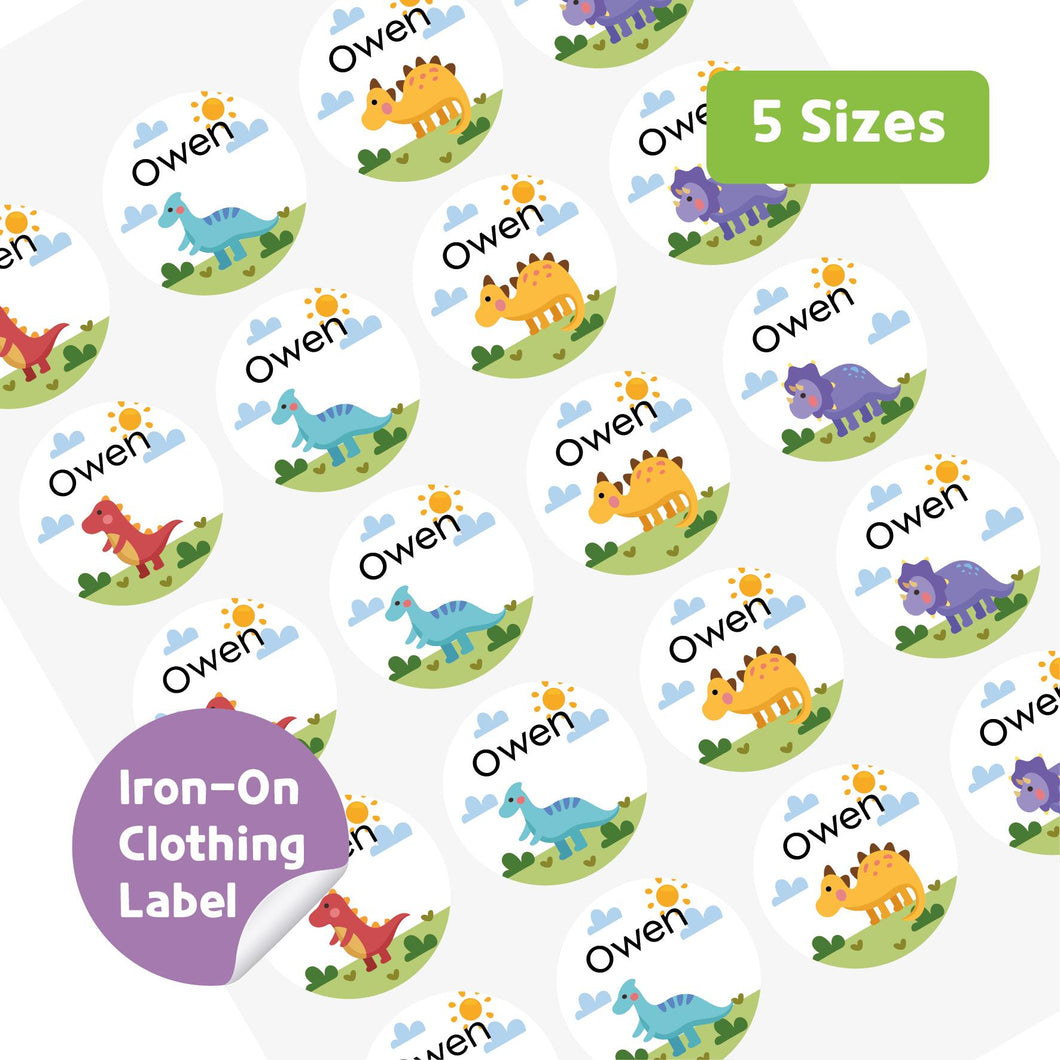 Iron-On Clothing Name Label Stickers - Dino with Forest