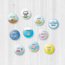 Load image into Gallery viewer, custom name button, custom name badge, personalized name button, personalized name badge, pin-back, button badge, pin-back badge, name label, name tag, school badge, kids badge, daycare badge, camp badge, school button, camp button, daycare button, kids button, kids gift, birthday gift, friends gift, bag badge, name tag, tag badge, tag button, button tag, makeup mirror, cosmetic mirror, hand mirror, portable mirror
