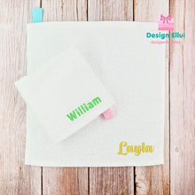Load image into Gallery viewer, custom embroidered towel, personalized embroidered towel, custom embroidery towel, personalized embroidery towel, custom hand towel, custom face towel, personalized hand towel, personalized face towel, kids, school, kinder, daycare, camp, baby bib,
