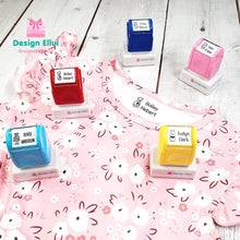 Load image into Gallery viewer, custom clothing stamp, custom name stamp, personalized clothing stamp, personalized name stamp, clothing name stamp, name clothing stamp, pre-inked stamp, self-inking stamp, flash stamp, textile stamp, fabric stamp, clothes stamp, diaper stamp, school stamp, daycare stamp, camp stamp, name stamp, refill ink
