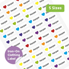 Load image into Gallery viewer, Iron-On Clothing Name Label Stickers - Color Hearts
