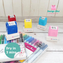 Load image into Gallery viewer, quick dry stamp, quick-dry stamp, custom quick dry stamp, personalized quick dry stamp, custom stamp, custom name stamp, personalized stamp, personalized name stamp, pre-inked stamp, self-inking stamp, flash stamp, , school stamp, daycare stamp, camp stamp, name stamp, refill ink, non-porous surfaces, glossy surfaces,
