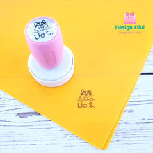 Load image into Gallery viewer, quick dry stamp, quick-dry stamp, custom quick dry stamp, personalized quick dry stamp, custom stamp, custom name stamp, personalized stamp, personalized name stamp, pre-inked stamp, self-inking stamp, flash stamp, , school stamp, daycare stamp, camp stamp, name stamp, refill ink, non-porous surfaces, glossy surfaces,
