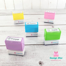 Load image into Gallery viewer, custom clothing stamp, custom name stamp, personalized clothing stamp, personalized name stamp, clothing name stamp, name clothing stamp, pre-inked stamp, self-inking stamp, flash stamp, textile stamp, fabric stamp, clothes stamp, diaper stamp, school stamp, daycare stamp, camp stamp, name stamp, refill ink
