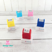 Load image into Gallery viewer, custom clothing stamp, custom name stamp, personalized clothing stamp, personalized name stamp, clothing name stamp, name clothing stamp, pre-inked stamp, self-inking stamp, flash stamp, textile stamp, fabric stamp, clothes stamp, diaper stamp, school stamp, daycare stamp, camp stamp, name stamp, refill ink
