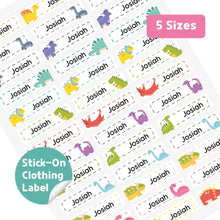 Load image into Gallery viewer, Stick-On Clothing Name Label Stickers - Dino with Dash Line
