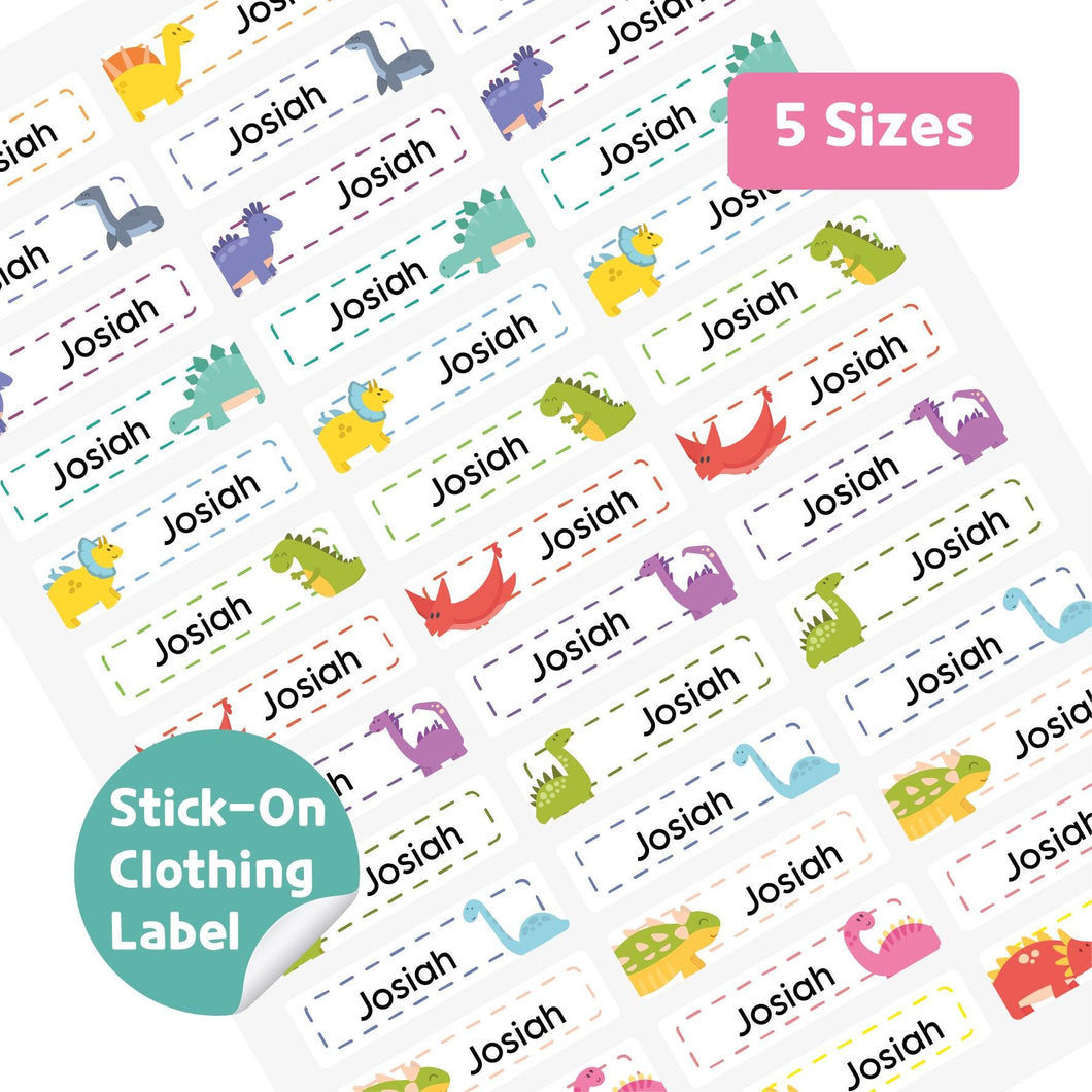 Stick-On Clothing Name Label Stickers - Dino with Dash Line