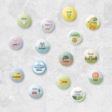 Load image into Gallery viewer, custom name button, custom name badge, personalized name button, personalized name badge, pin-back, button badge, pin-back badge, name label, name tag, school badge, kids badge, daycare badge, camp badge, school button, camp button, daycare button, kids button, kids gift, birthday gift, friends gift, bag badge, name tag, tag badge, tag button, button tag, makeup mirror, cosmetic mirror, hand mirror, portable mirror
