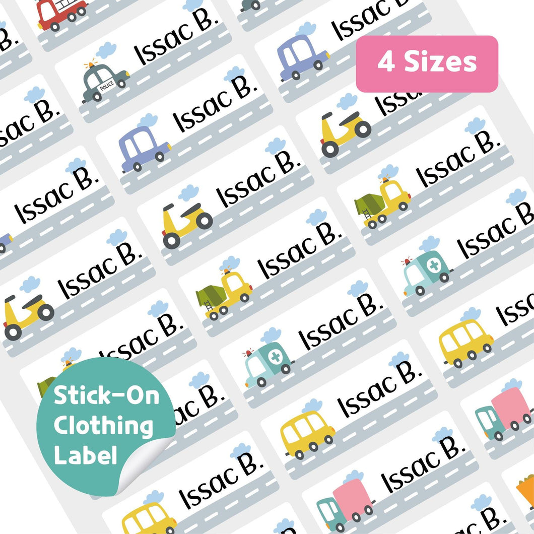 Stick-On Clothing Name Label Stickers - Vehicle on the Road