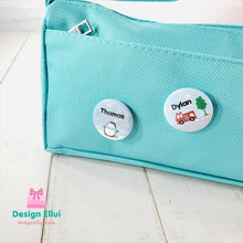 Load image into Gallery viewer, custom name button, custom name badge, personalized name button, personalized name badge, pin-back, button badge, pin-back badge, name label, name tag, school badge, kids badge, daycare badge, camp badge, school button, camp button, daycare button, kids button, kids gift, birthday gift, friends gift, bag badge, name tag, tag badge, tag button, button tag, makeup mirror, cosmetic mirror, hand mirror, portable mirror
