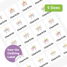 Load image into Gallery viewer, Iron-On Clothing Name Label Stickers - Unicorn Face
