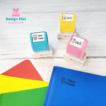 Load image into Gallery viewer, quick dry stamp, quick-dry stamp, custom quick dry stamp, personalized quick dry stamp, custom stamp, custom name stamp, personalized stamp, personalized name stamp, pre-inked stamp, self-inking stamp, flash stamp, , school stamp, daycare stamp, camp stamp, name stamp, refill ink, non-porous surfaces, glossy surfaces,
