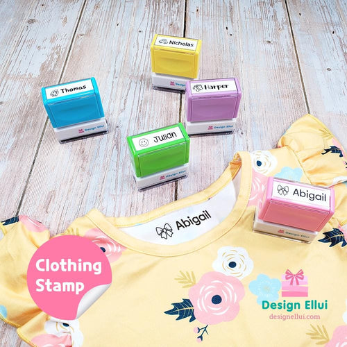 custom clothing stamp, custom name stamp, personalized clothing stamp, personalized name stamp, clothing name stamp, name clothing stamp, pre-inked stamp, self-inking stamp, flash stamp, textile stamp, fabric stamp, clothes stamp, diaper stamp, school stamp, daycare stamp, camp stamp, name stamp, refill ink