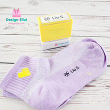 Load image into Gallery viewer, custom clothing stamp, custom name stamp, personalized clothing stamp, personalized name stamp, clothing name stamp, name clothing stamp, pre-inked stamp, self-inking stamp, flash stamp, textile stamp, fabric stamp, clothes stamp, diaper stamp, school stamp, daycare stamp, camp stamp, name stamp, refill ink
