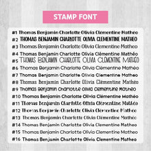 Load image into Gallery viewer, custom clothing stamp, custom name stamp, personalized clothing stamp, personalized name stamp, clothing name stamp, name clothing stamp, pre-inked stamp, self-inking stamp, flash stamp, textile stamp, fabric stamp, clothes stamp, diaper stamp, school stamp, daycare stamp, camp stamp, name stamp, refill ink
