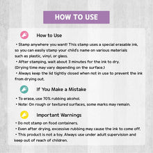 Load image into Gallery viewer, quick dry stamp, quick-dry stamp, custom quick dry stamp, personalized quick dry stamp, custom stamp, custom name stamp, personalized stamp, personalized name stamp, pre-inked stamp, self-inking stamp, flash stamp, , school stamp, daycare stamp, camp stamp, name stamp, refill ink, non-porous surfaces, glossy surfaces,
