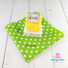 Load image into Gallery viewer, custom clothing stamp, custom name stamp, personalized clothing stamp, personalized name stamp, clothing name stamp, name clothing stamp, pre-inked stamp, self-inking stamp, flash stamp, textile stamp, fabric stamp, clothes stamp, diaper stamp, school stamp, daycare stamp, camp stamp, name stamp, refill ink
