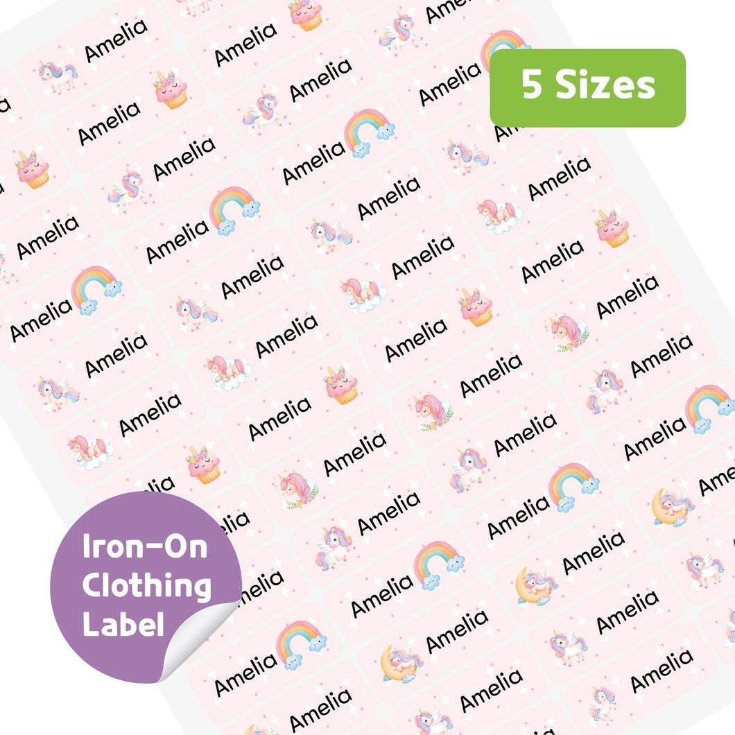 Iron-On Clothing Name Label Stickers - Pink Unicorn